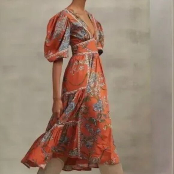 NWT Anthropologie Love the Label Mabel Puff Sleeve Floral Wanda Orange, Small - Picture 2 of 7